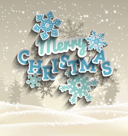 Light blue decorative text Merry Christmas on background with abstract winter landscape, snow and trees in sepia tone, vector illustration, eps 10 with transparency and gradient meshesのイラスト素材