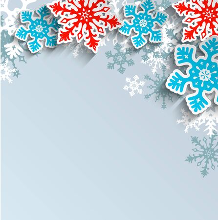 Abstract blue and red snowflakes  with 3d effect on gray background, winter or christmas concept, vector illustration, eps 10 with transparencyのイラスト素材