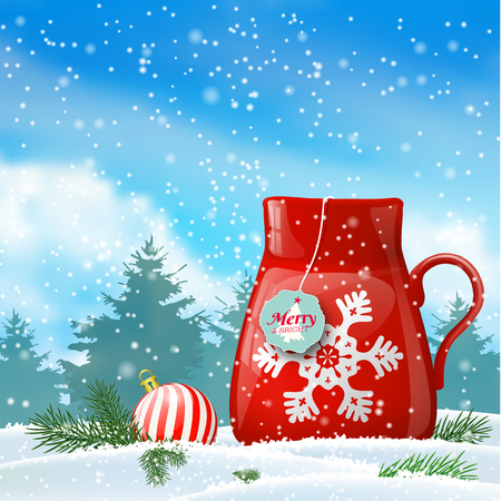 Red cup with abstract white snowflake in winter landscape, vector illustration, eps 10 with transparency and gradient meshesのイラスト素材