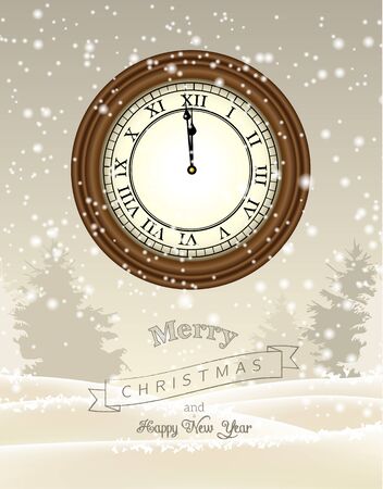 Clock showing one minute to twelve on beige background with abstract winter landscape, new year greeting card, vector illustration, eps 10 with transparency and gradient meshesのイラスト素材