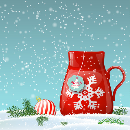 Red cup decorated with abstract white snowflake in winter landscape, vector illustration, eps 10 with transparency and gradient meshesのイラスト素材