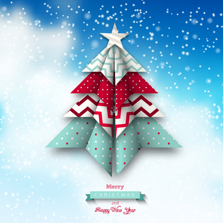 colorful origami tree on abstract sky, christmas theme, vector illustration, eps 10 with transparency and gradient meshesのイラスト素材