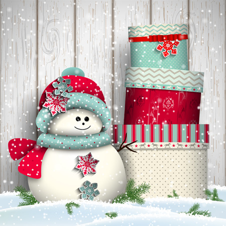 Cute snowman with stack of big colorful presents, christmas winter theme, vector illustration, eps 10 with transparency and gradient meshesのイラスト素材