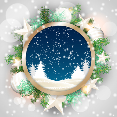 christmas motive, abstract winter landscape in rounded decorative frame with green branches, white baubles and stars, vector illustration, eps 10 with transparency and gradient meshesのイラスト素材