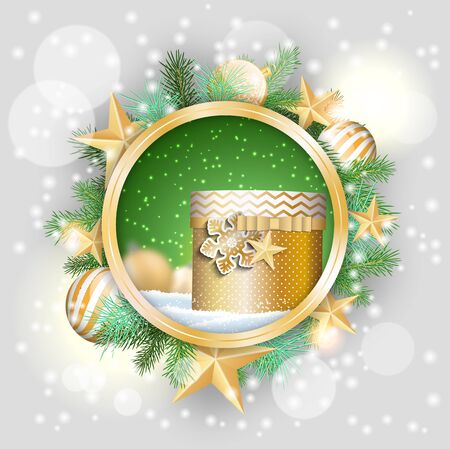 christmas motive, golden present in rounded decorative frame with green branches, white baubles and stars, vector illustration, eps 10 with transparency and gradient meshesのイラスト素材