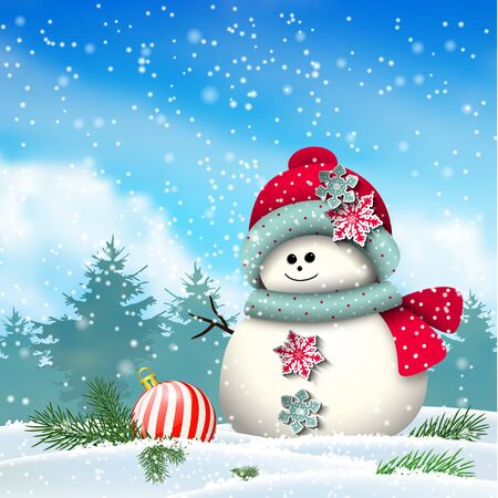 Cute snowman in snowy winter landscape, christmas winter theme, vector illustration, eps 10 with transparency and gradient meshesのイラスト素材