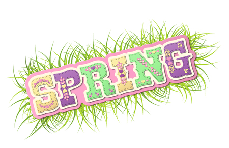 Spring, illustrated text on fresh grass, name of season of the year on white backgroundのイラスト素材