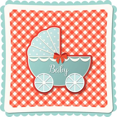 Vintage blue baby stroller on abstract red canvas backgroundのイラスト素材