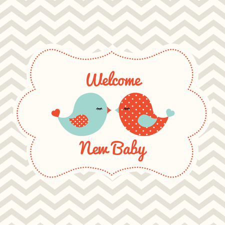Baby shower with two cute birds on gray chevron backgroundのイラスト素材