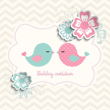 wedding invitation with two cute birds and flowers with 3D effectのイラスト素材