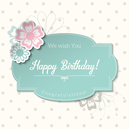 Vintage greeting card in shabby chic style with text Happy Birthday, blue sticker on abstract dotted backgroundのイラスト素材