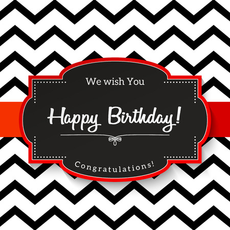 Elrgant vntage greeting card with text Happy Birthday, black sticker with red border on abstract chevron backgroundのイラスト素材