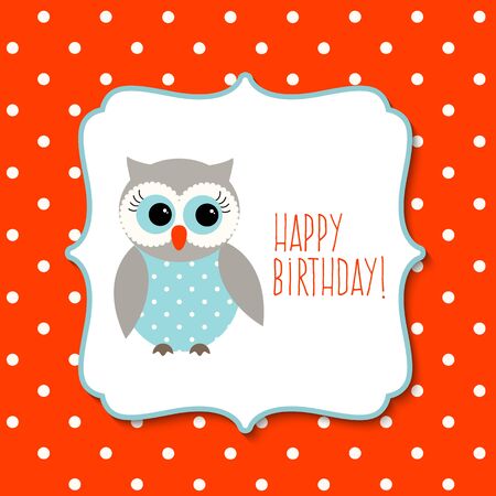 Birthday greeting card with cute owl on red polka dot backgroundのイラスト素材