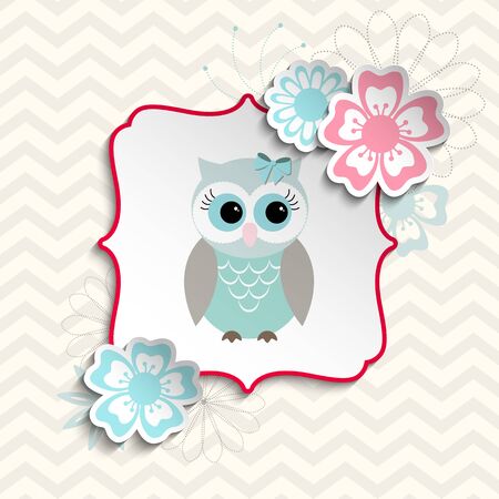 Blue and gray cute owl sitting in abstract shabby chic frame with flowers, on chevron beige backgroundのイラスト素材