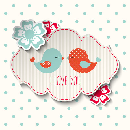 Two cute birds with flowers and text I love you, illustration in scrapbooking styleのイラスト素材