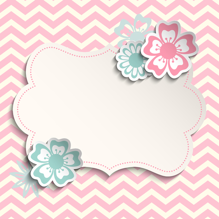 Romantic, shabby chic template with flowers on pink chevron background, can be used as valentine or wedding motiveのイラスト素材