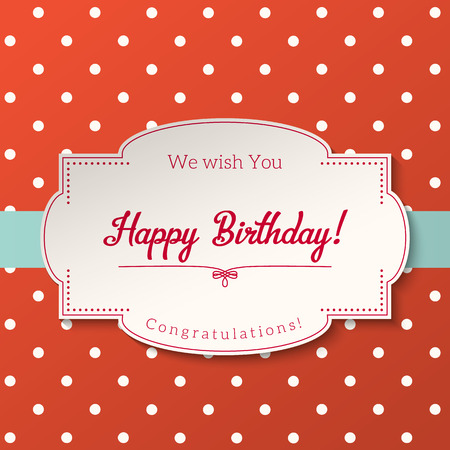 Vintage greeting card with text Happy Birthday, white label on abstract dotted red backgroundのイラスト素材