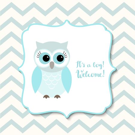 Baby shower for boys with cute blue owl on chevron backgroundのイラスト素材