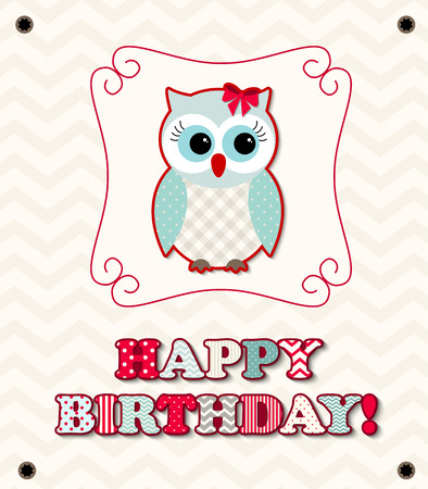 Happy Birthday, vintage greeting card with cute blue owl on chevron backgroundのイラスト素材