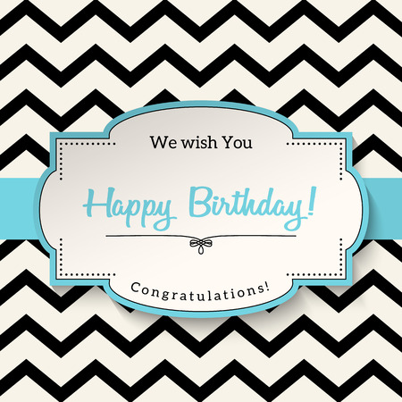 Elrgant vntage greeting card with text Happy Birthday, white sticker with blue border on abstract chevron backgroundのイラスト素材