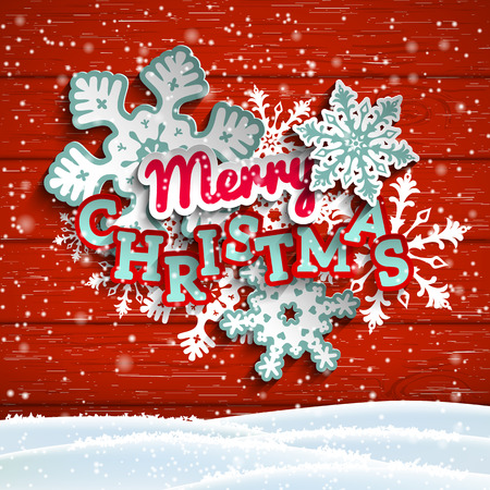 Colorful decorative text Merry Christmas with 3d effect, on red wooden background, vector illustrationのイラスト素材