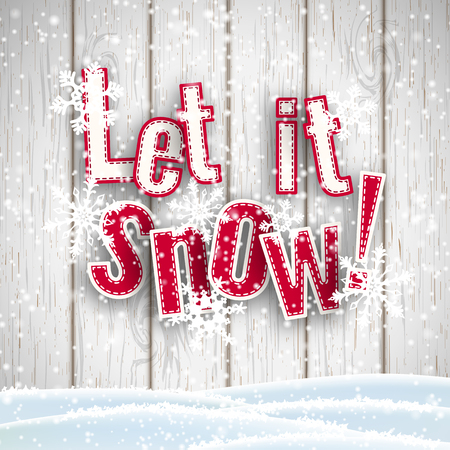 Let it snow, red text on white wooden background with 3d effect and snowflakes, vector illustrationのイラスト素材