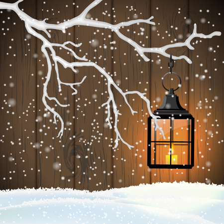Christmas motive, vintage shining lantern hanging on dry branch in front of brown wooden wall, vector illustrationのイラスト素材