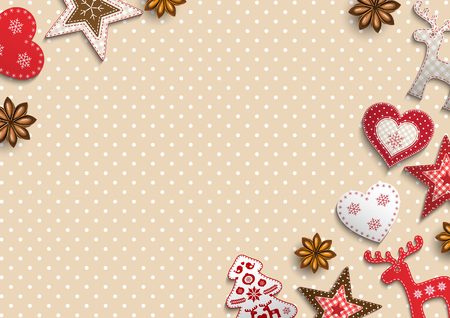 Christmas background, small scandinavian styled red decorations lying on beige polka dot patterned background, inspired by flat lay style, vector illustration, eps 10 with transparencyのイラスト素材