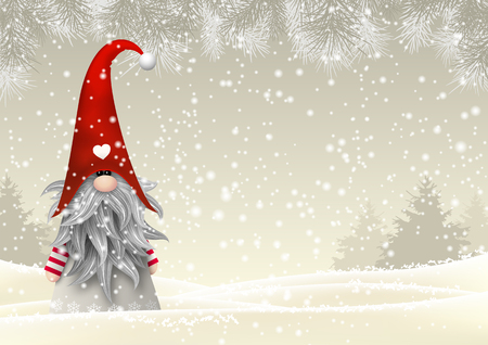 Nisser in Norway and Denmark, Tomtar in Sweden or Tonttu in Finnish, Scandinavian folklore elves, nordic christmas motive, Tomte standing in winter landscape, vector illustrationのイラスト素材