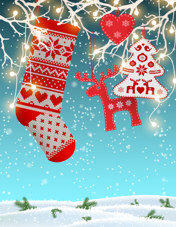 Red knitted christmas stocking with nordic patterns, with some scandinavian traditional decorations hanging on branches with decorative electric lights in front of simple winter landscape, vector illustrationのイラスト素材