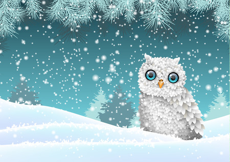 Christmas theme, cute white owl sitting in snow, in front of winter snowy forrest landscape, vector illustrationのイラスト素材