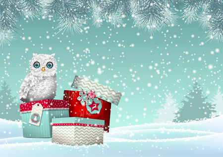 Christmas theme, cute white owl sitting on group of three colorful gift boxes in winter snowy landscape, vector illustrationのイラスト素材