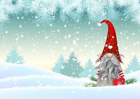 Gnome Tomte standing in winter landscape, Nisser in Norway and Denmark, Tomtar in Sweden or Tonttu in Finnish, Scandinavian folklore elves, christmas motive, vector illustrationのイラスト素材