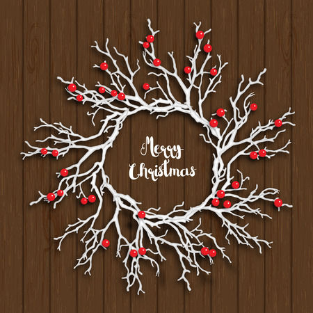 Christmas wreath created from white branches with red berries lying on brown wooden background, vector illustration, with text Merry Christmasのイラスト素材