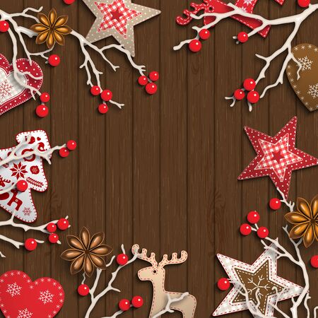 Abstract christmas background, dry branches with red berries and small scandinavian styled decorations lying on wooden desk, inspired by flat lay style, vector illustrationのイラスト素材
