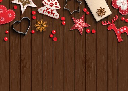 Christmas background, small scandinavian styled red decorations lying on brown wooden background, inspired by flat lay style, vector illustrationのイラスト素材