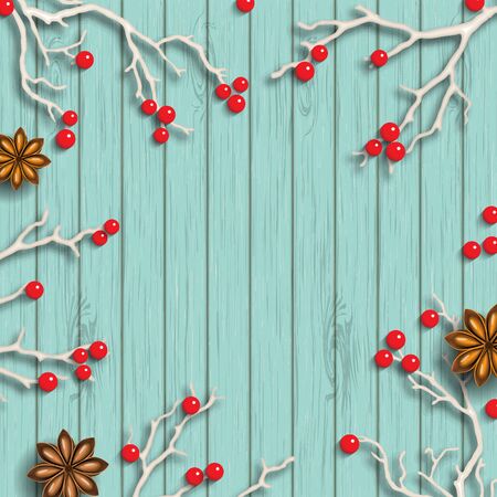 Christmas background in rustic style, dry branches with red berries on blue wooden background, inspired by flat lay styling, vector illustrationのイラスト素材