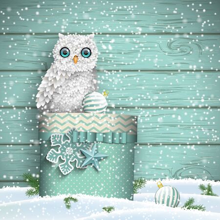 Christmas theme, cute white owl sitting on large blue gift box in snow, in front of blue wooden wall, vector illustrationのイラスト素材
