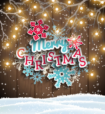 Colorful decorative text Merry Christmas with 3d effect, on blue wooden background, with electric lights, vector illustrationのイラスト素材