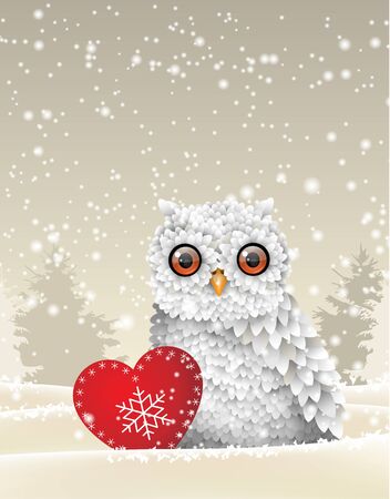 Christmas theme, cute white owl sitting in snow with red heart, in front of winter snowy forrest landscape, vector illustrationのイラスト素材
