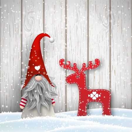 Tomte standing in front of gray wooden wall in snow, with abstract decoration in shape of reindeer. Nisser in Norway and Denmark, Tomtar in Sweden or Tonttu in Finnish are scandinavian folklore elves, nordic christmas motive, vector illustrationのイラスト素材