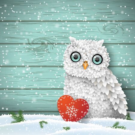 Cute white owl sitting in snow in front of blue wooden wall with small red heart, winter holiday theme, vector illustrationのイラスト素材