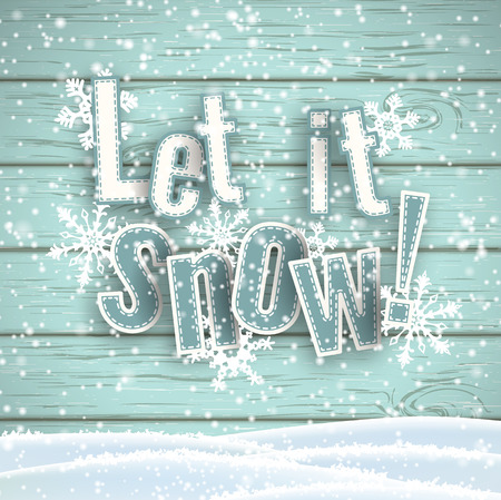Let it snow, blue text on blue wooden background with 3d effect and snowflakes, vector illustrationのイラスト素材