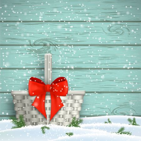 White basket with red ribbon in front of blue obsolete wooden wall, christmas motive, vector illustrationのイラスト素材