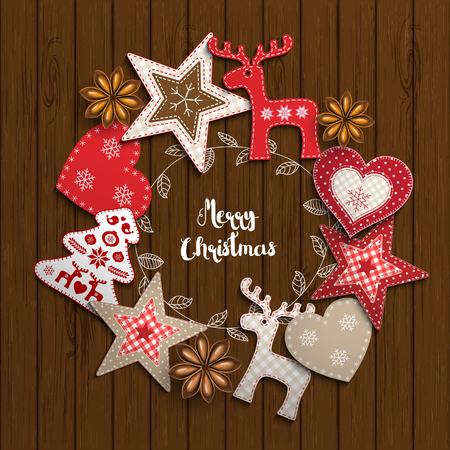 Christmas background, small scandinavian styled red decorations lying on brown wooden desk, inspired by flat lay style, with text Merry christmas, framed by abstract leaf wreathのイラスト素材