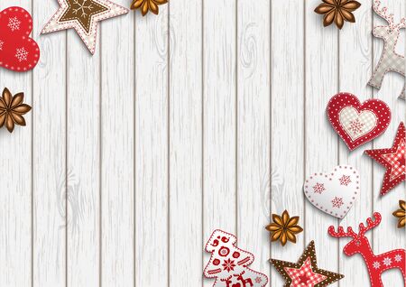 Christmas background, small scandinavian styled red decorations lying on white wooden desk, inspired by flat lay style, vector illustrationのイラスト素材