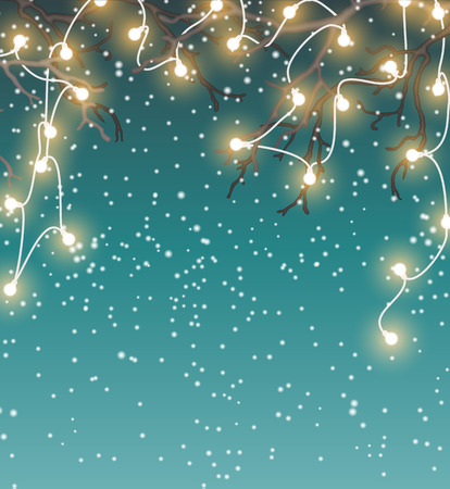 Christmas background, winter landscape with electric decorative lights hanging in dry branches, vector illustrationのイラスト素材