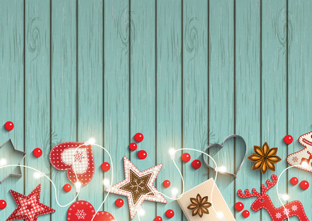 Christmas background, small scandinavian styled red decorations iluminated by electric decorative lights lying on blue wooden desk, inspired by flat lay style, vector illustrationのイラスト素材