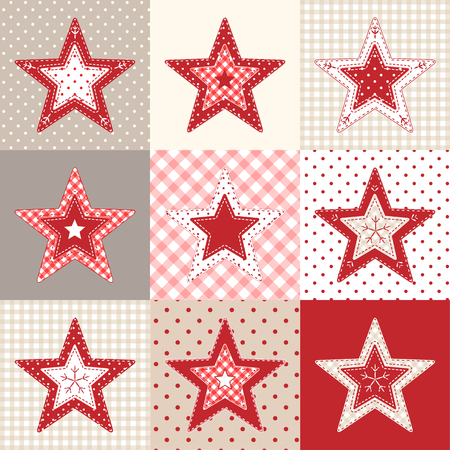 Set of red and blue patchwork decorative stars, christmas decorative elements, vector illustrationのイラスト素材