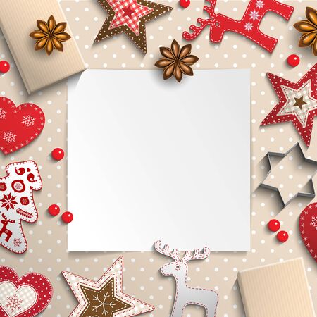 Abstract christmas background, white sheet of paper lying among small scandinavian styled decorations on polka dot beige background, inspired by flat lay style, vector illustrationのイラスト素材